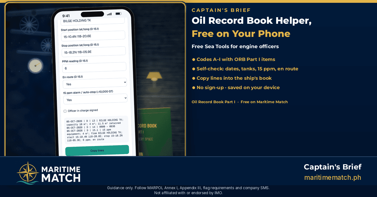 Captain's Brief card: Free ORB Entry Helper. A phone shows three drafted Oil Record Book lines beside an open Oil Record Book and a pen, with bullets for codes A to I, a self-check before you sign, saved on your phone, and free with no sign-up