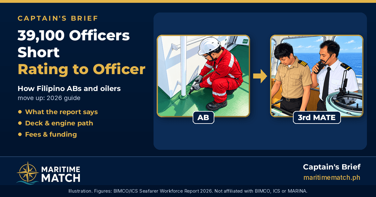 Captain's Brief card: 39,100 Officers Short, Rating to Officer. Illustrations of an AB in red coveralls doing deck work, an arrow, and a third mate on a ship's bridge, labelled AB and 3rd MATE.