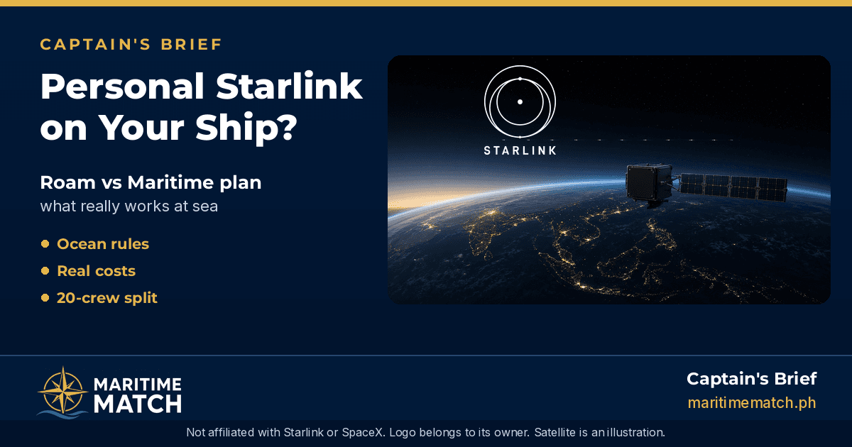Captain's Brief card: Personal Starlink on Your Ship? Roam vs Maritime plan. Starlink logo above a satellite orbiting Earth at night over Southeast Asia.