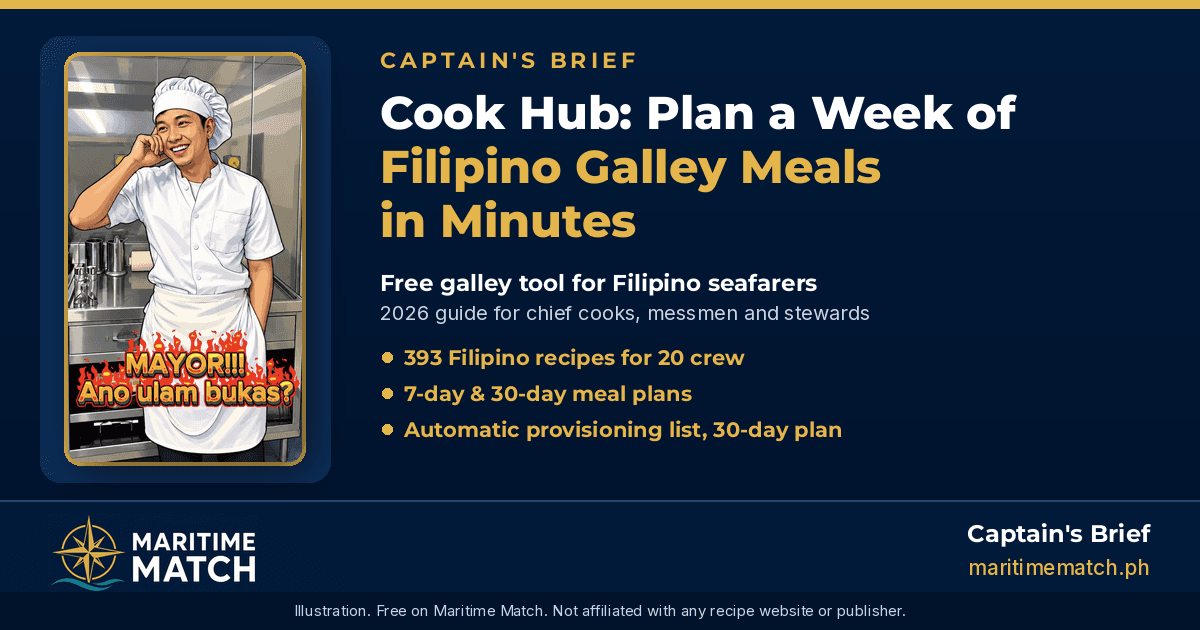 Captain's Brief card: Cook Hub, Plan a Week of Filipino Galley Meals in Minutes. Illustration of a smiling Filipino ship's cook in a galley with the text MAYOR!!! Ano ulam bukas?