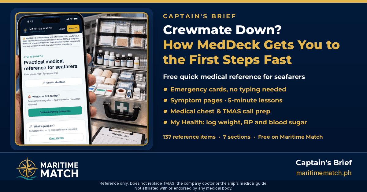 Captain's Brief card: Crewmate Down? How MedDeck Gets You to the First Steps Fast. A hand holds a phone showing the MedDeck home beside an open ship's medical kit and a medical log, with four feature bullets