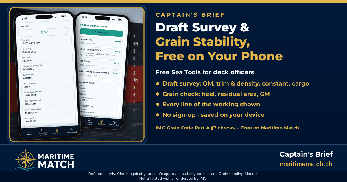 Captain's Brief card: Draft Survey & Grain Stability, Free on Your Phone. Two phones show the live Maritime Match draft survey Result (constant 274.75 MT, example figures) and the Grain Stability Check PASS screen, in front of a ship's hull with draft marks, with four feature bullets