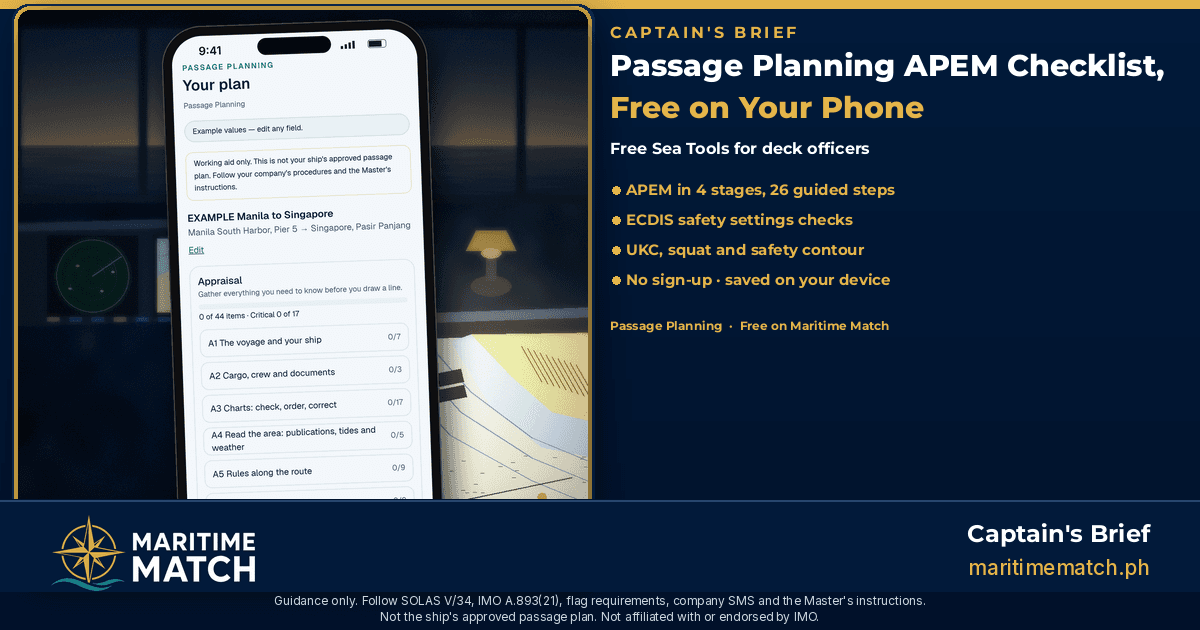 Captain's Brief card: Free Passage Planning APEM Checklist. A phone shows the four APEM plan stages beside a chart and ECDIS safety settings, with bullets for berth-to-berth steps, UKC and safety contour, calculators and publication checklist, saved on your phone, free with no sign-up