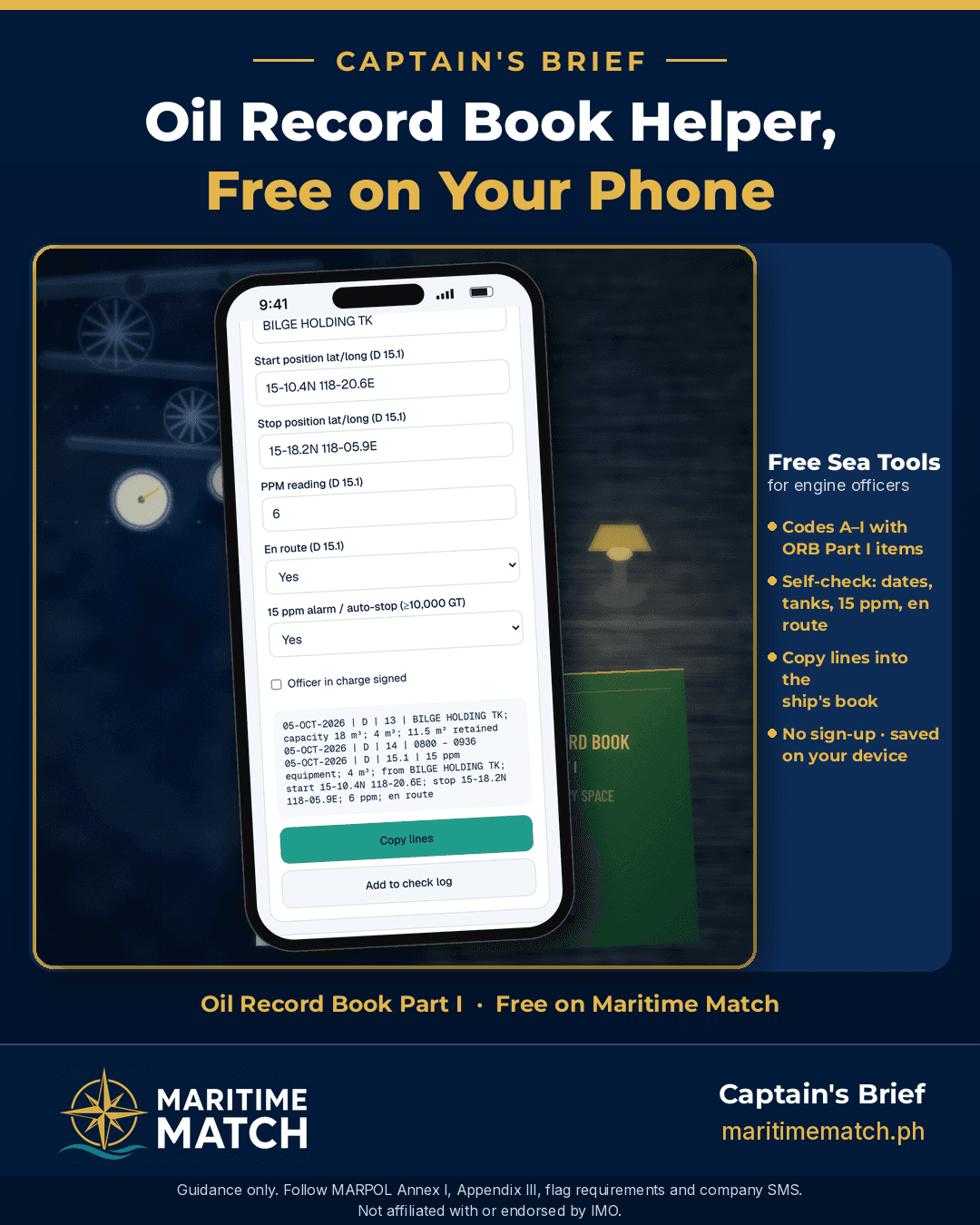 Captain's Brief card: Free ORB Entry Helper. A phone shows three drafted Oil Record Book lines beside an open Oil Record Book and a pen, with bullets for codes A to I, a self-check before you sign, saved on your phone, and free with no sign-up
