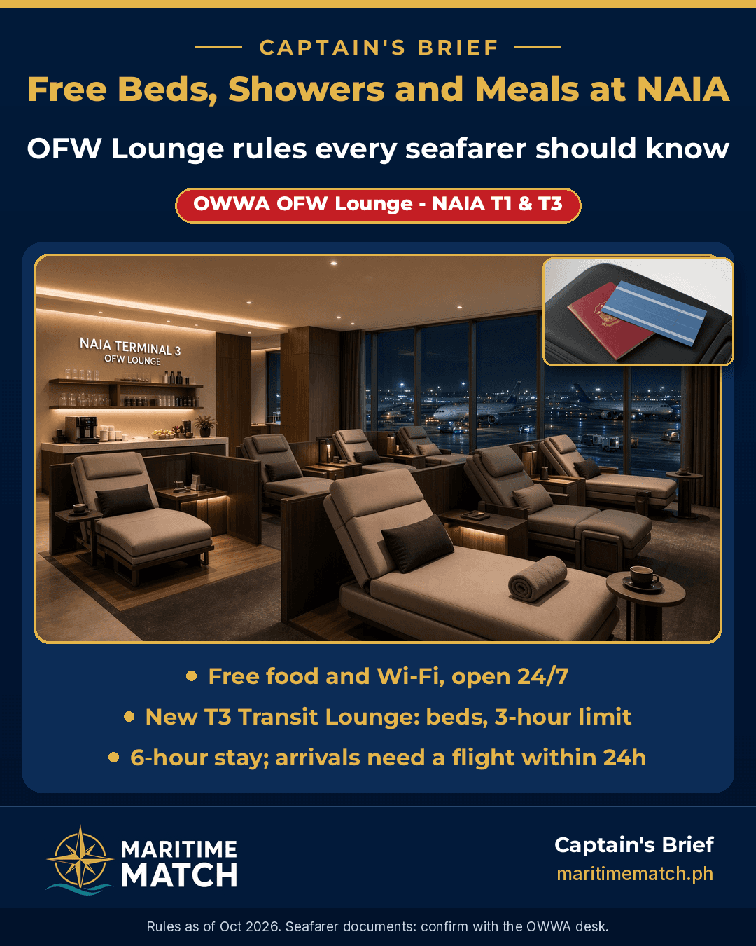 Captain's Brief: NAIA OFW Lounge rules for seafarers — beds, showers, meals and entry rules.