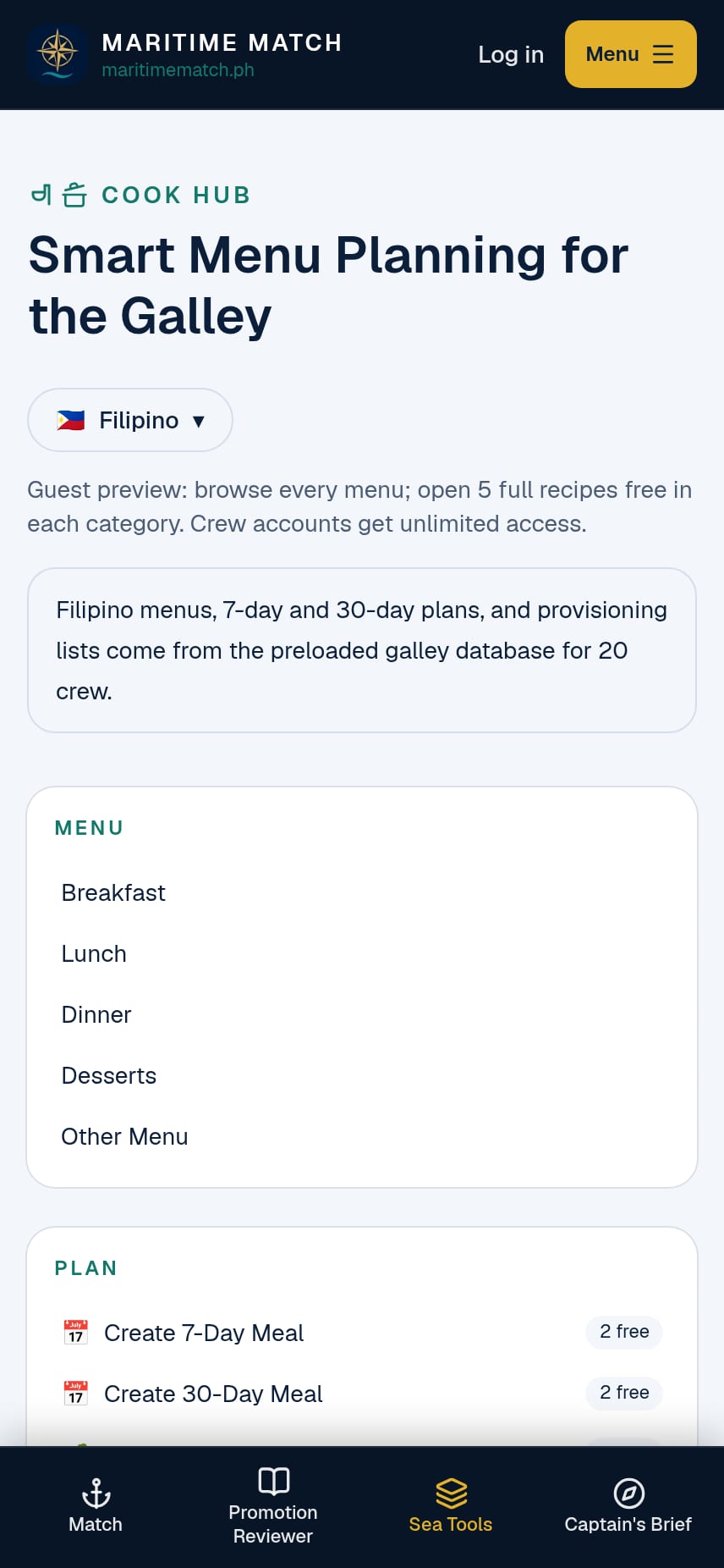 Cook Hub landing page on a phone: the title Cook Hub, Smart Menu Planning for the Galley, a Filipino cuisine selector, and the MENU and PLAN sections