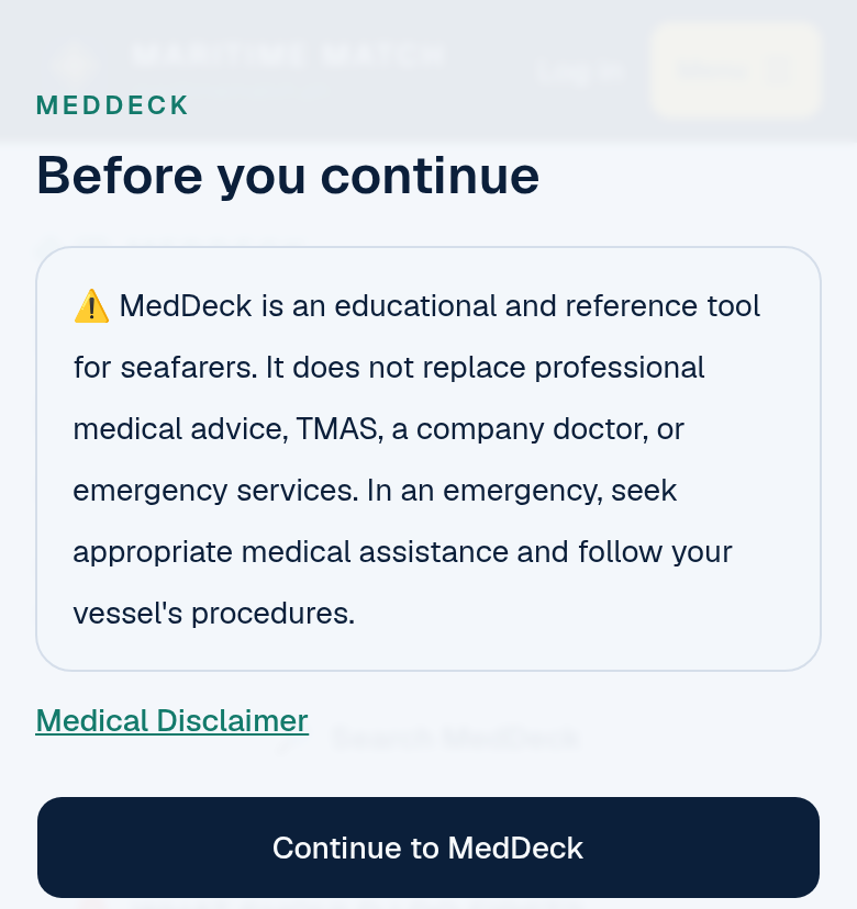 The MedDeck "Before you continue" notice on a phone, with the disclaimer text and a Continue to MedDeck button
