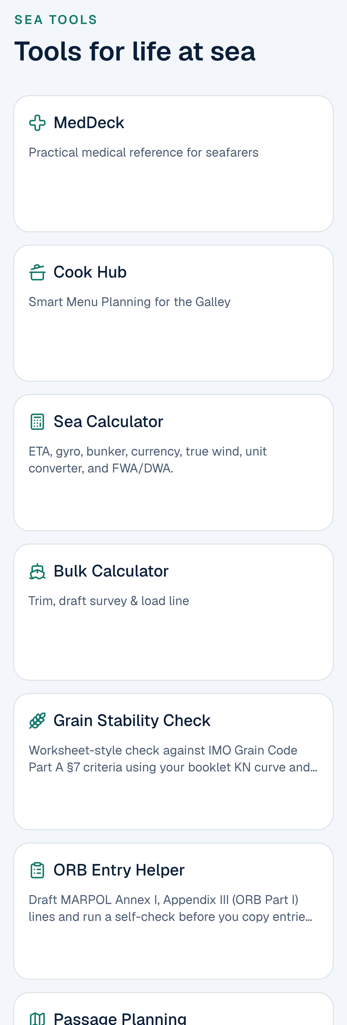 The Maritime Match Sea Tools page on a phone with five tiles: MedDeck, Cook Hub, Sea Calculator, Grain Stability Check and ORB Entry Helper