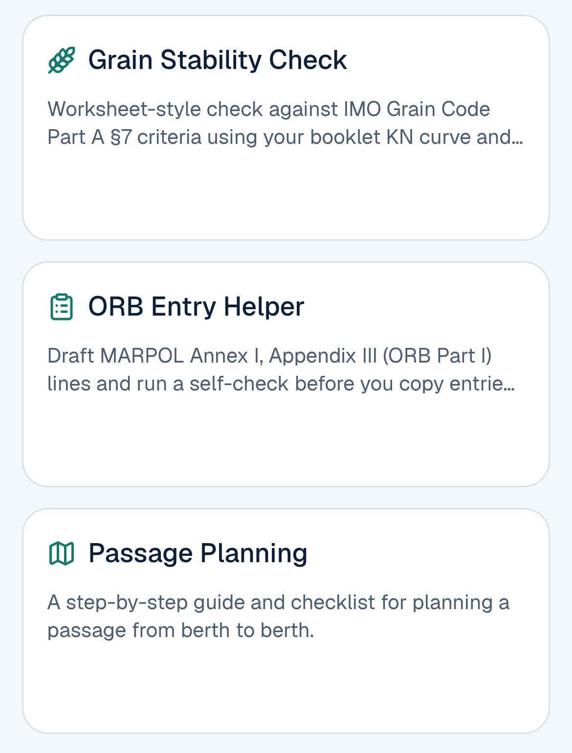 The Maritime Match Sea Tools page on a phone, showing the Grain Stability Check and ORB Entry Helper tiles and, below them, the Passage Planning tile: A step-by-step guide and checklist for planning a passage from berth to berth