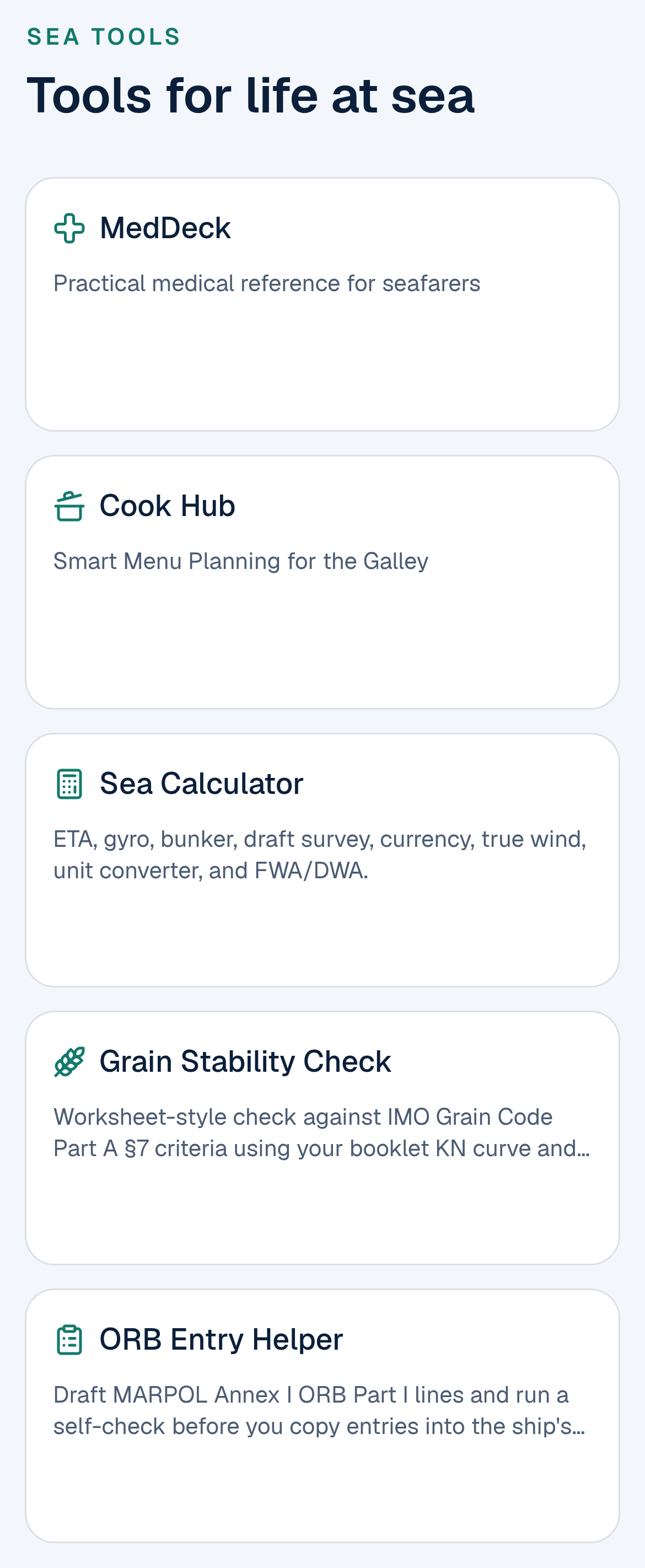 The Maritime Match Sea Tools page on a phone with five tiles: MedDeck, Cook Hub, Sea Calculator, Grain Stability Check and ORB Entry Helper