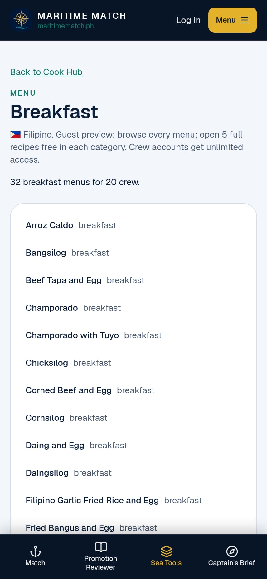 Cook Hub breakfast list on a phone showing "32 breakfast menus for 20 crew" and a list of Filipino breakfast dishes