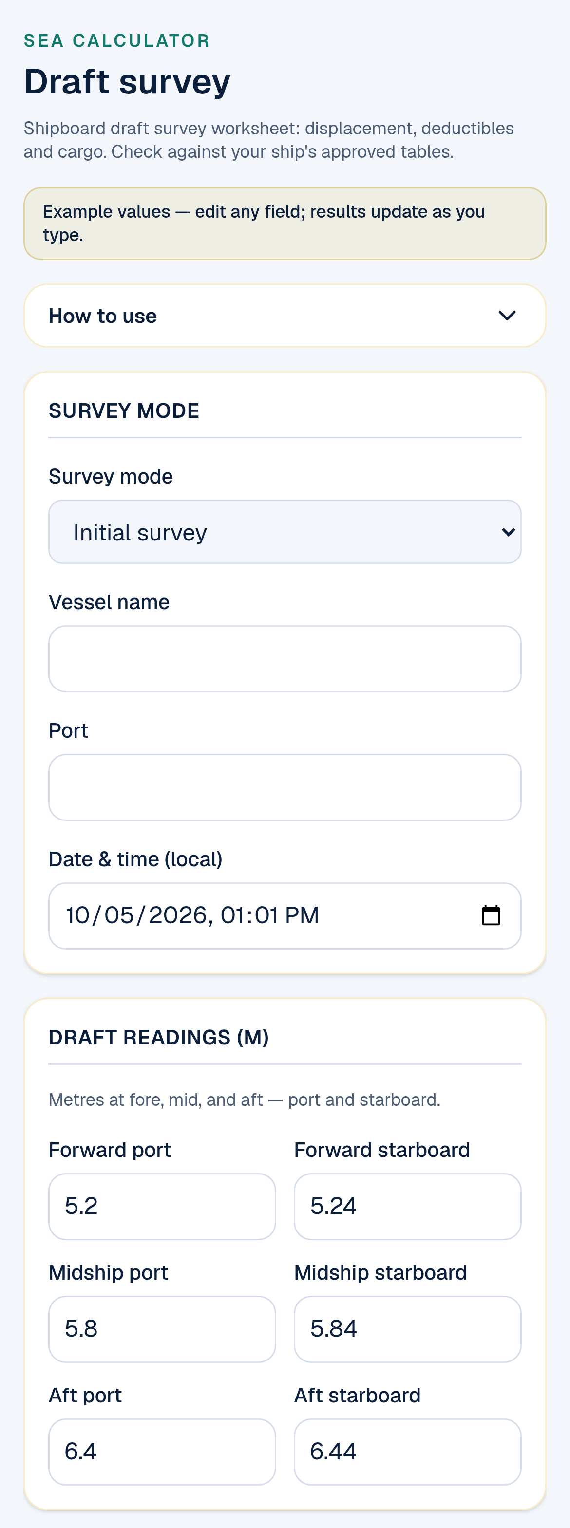 The Maritime Match draft survey page on a phone: the title Draft survey, the note "Example values — edit any field; results update as you type", the Survey mode selector set to Initial survey, vessel name, port, date and time, and the six draft reading boxes filled with example drafts