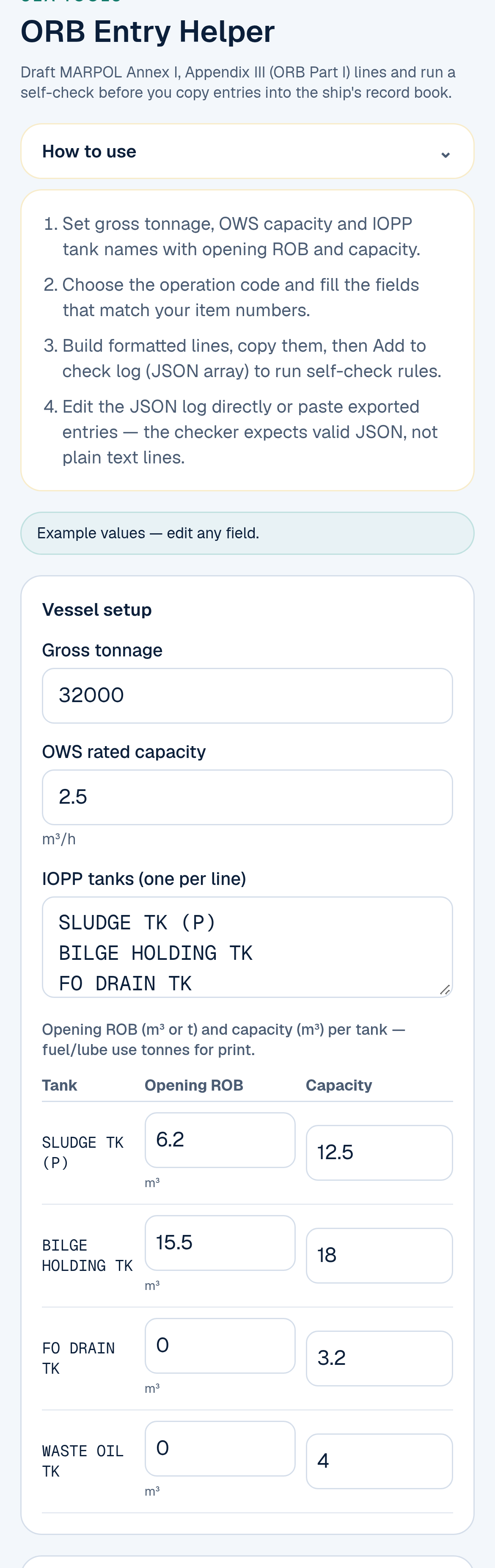 The ORB Entry Helper page on a phone: the title ORB Entry Helper, the How to use steps, the note "Example values — edit any field", and the Vessel setup section with gross tonnage 32000, OWS rated capacity 2.5 m³/h, four IOPP tank names and a table of opening ROB and capacity for each tank