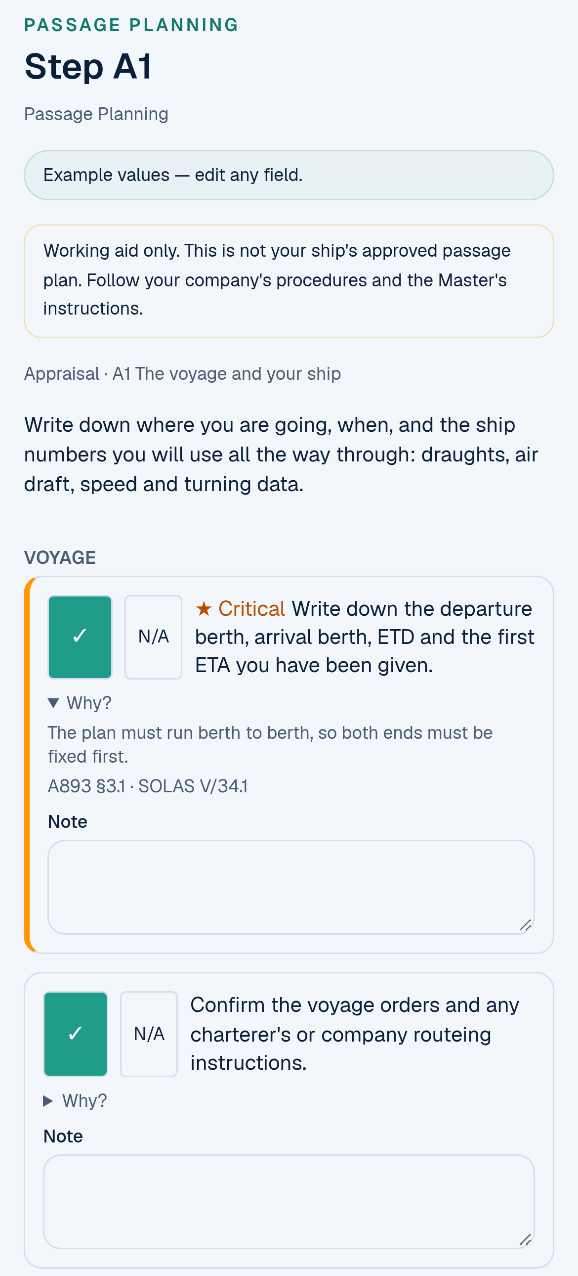 Step A1 The voyage and your ship on a phone: the instruction, the first critical item about departure and arrival berths, ETD and ETA ticked with its Why? open (The plan must run berth to berth, so both ends must be fixed first, A893 §3.1, SOLAS V/34.1), a second item about voyage orders ticked, and a critical item about maximum draught, trim and water density with a Calculate link