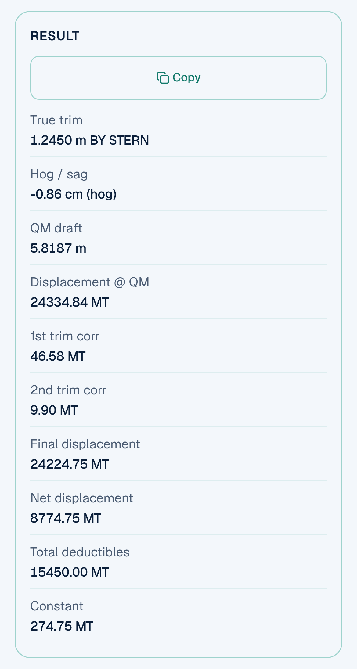 The Maritime Match draft survey Result panel on a phone, showing example figures: true trim 1.2450 m by the stern, hog 0.86 cm, QM draft 5.8187 m, displacement at QM 24,334.84 MT, trim corrections 46.58 and 9.90 MT, final displacement 24,224.75 MT, net displacement 8,774.75 MT, total deductibles 15,450 MT and constant 274.75 MT