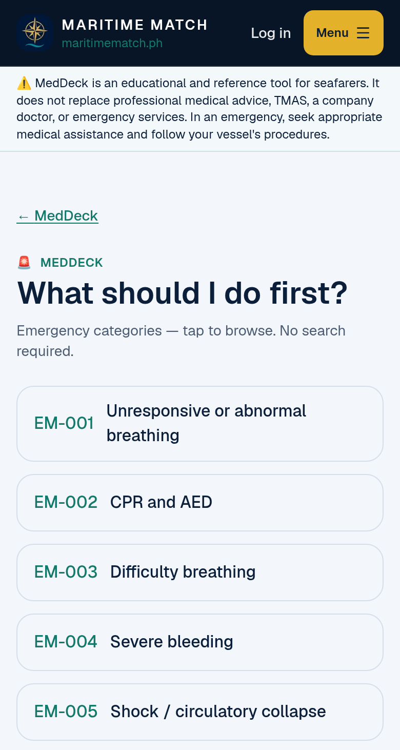 MedDeck emergency list on a phone, open to guests: What should I do first? with EM-001 Unresponsive or abnormal breathing, EM-002 CPR and AED, EM-003 Difficulty breathing, EM-004 Severe bleeding and EM-005 Shock / circulatory collapse