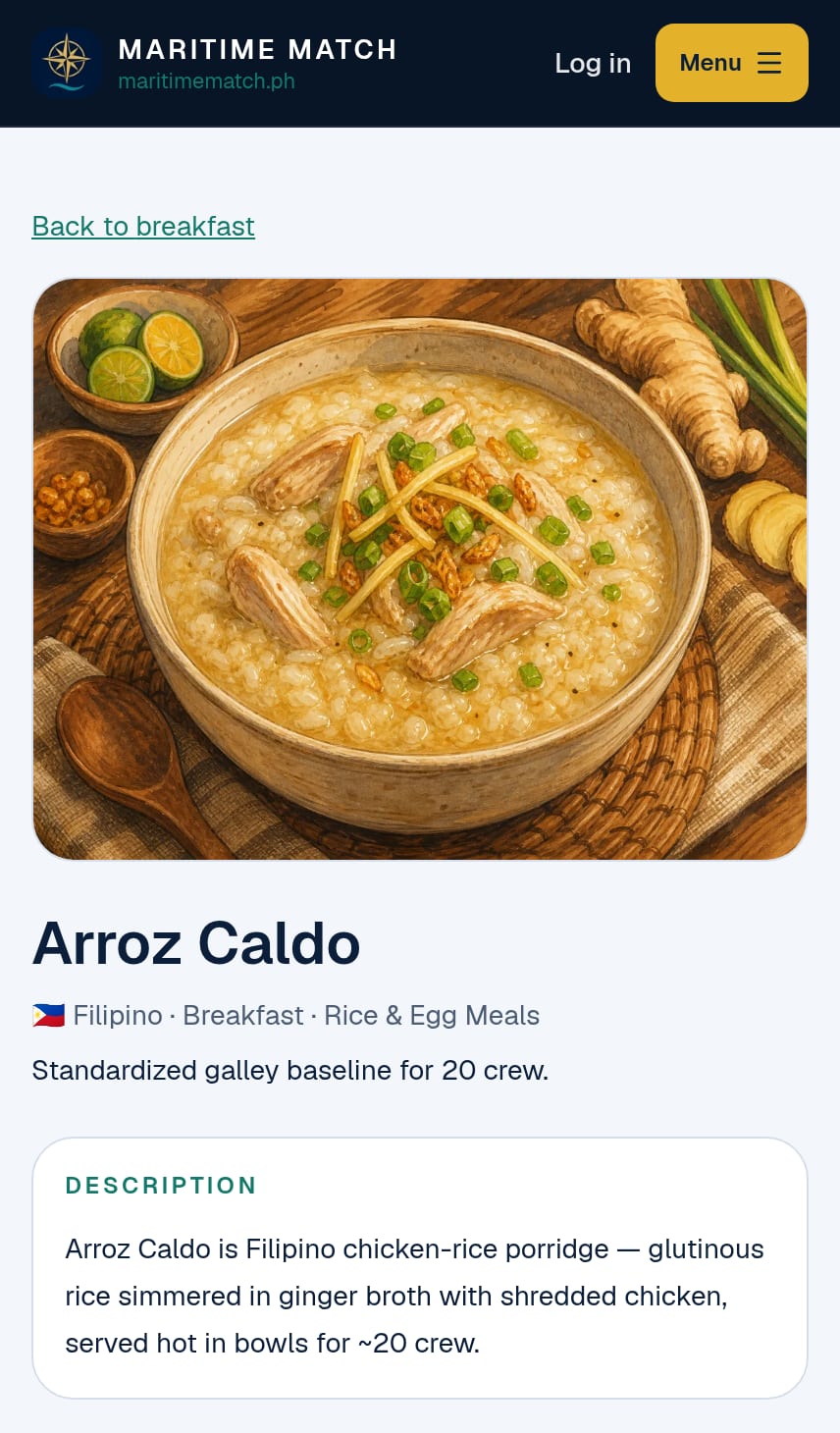 A Cook Hub recipe page for Arroz Caldo with its photo, the line "Standardized galley baseline for 20 crew" and the description