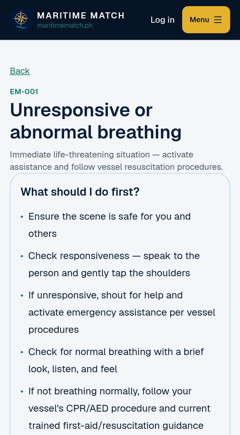MedDeck emergency card EM-001 Unresponsive or abnormal breathing on a phone, showing the What should I do first? steps