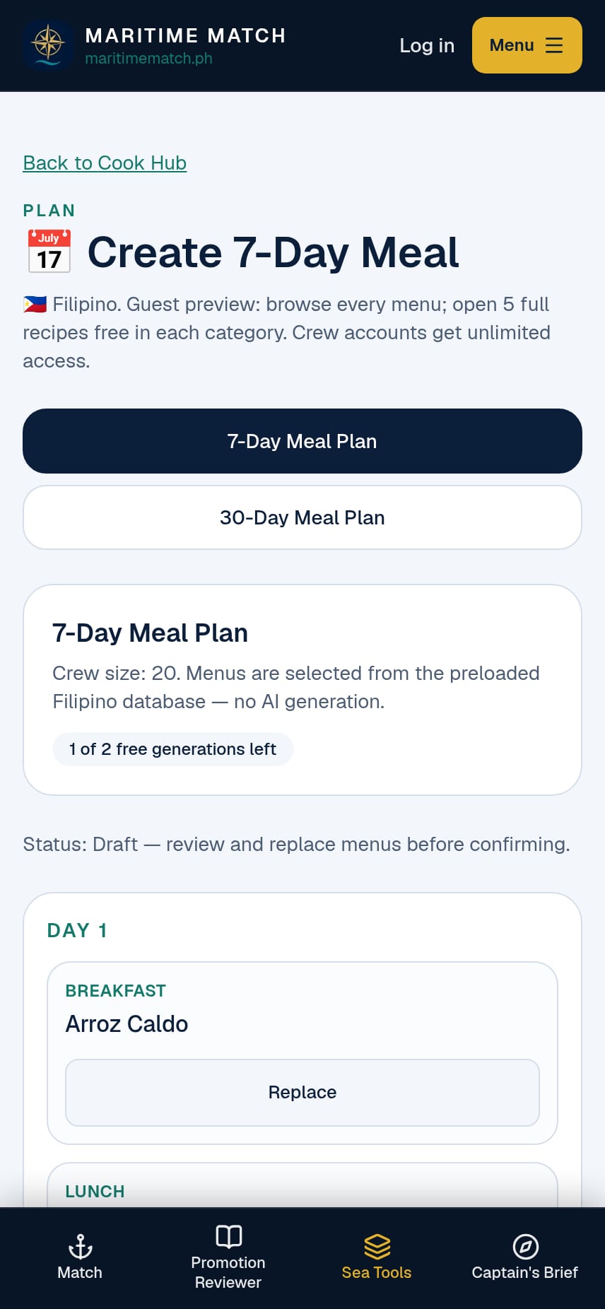 A Cook Hub 7-day meal plan draft on a phone, showing Day 1 breakfast, lunch and dinner, each with a Replace button