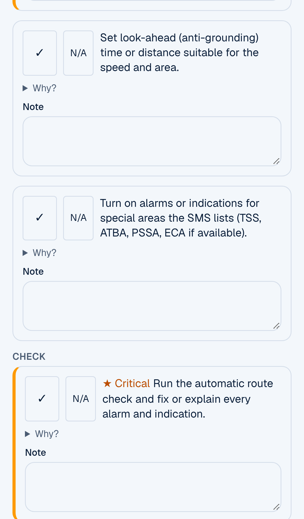 More of step P7: set look-ahead (anti-grounding) time or distance, turn on alarms or indications for special areas the SMS lists (TSS, ATBA, PSSA, ECA), and the critical item Run the automatic route check and fix or explain every alarm and indication