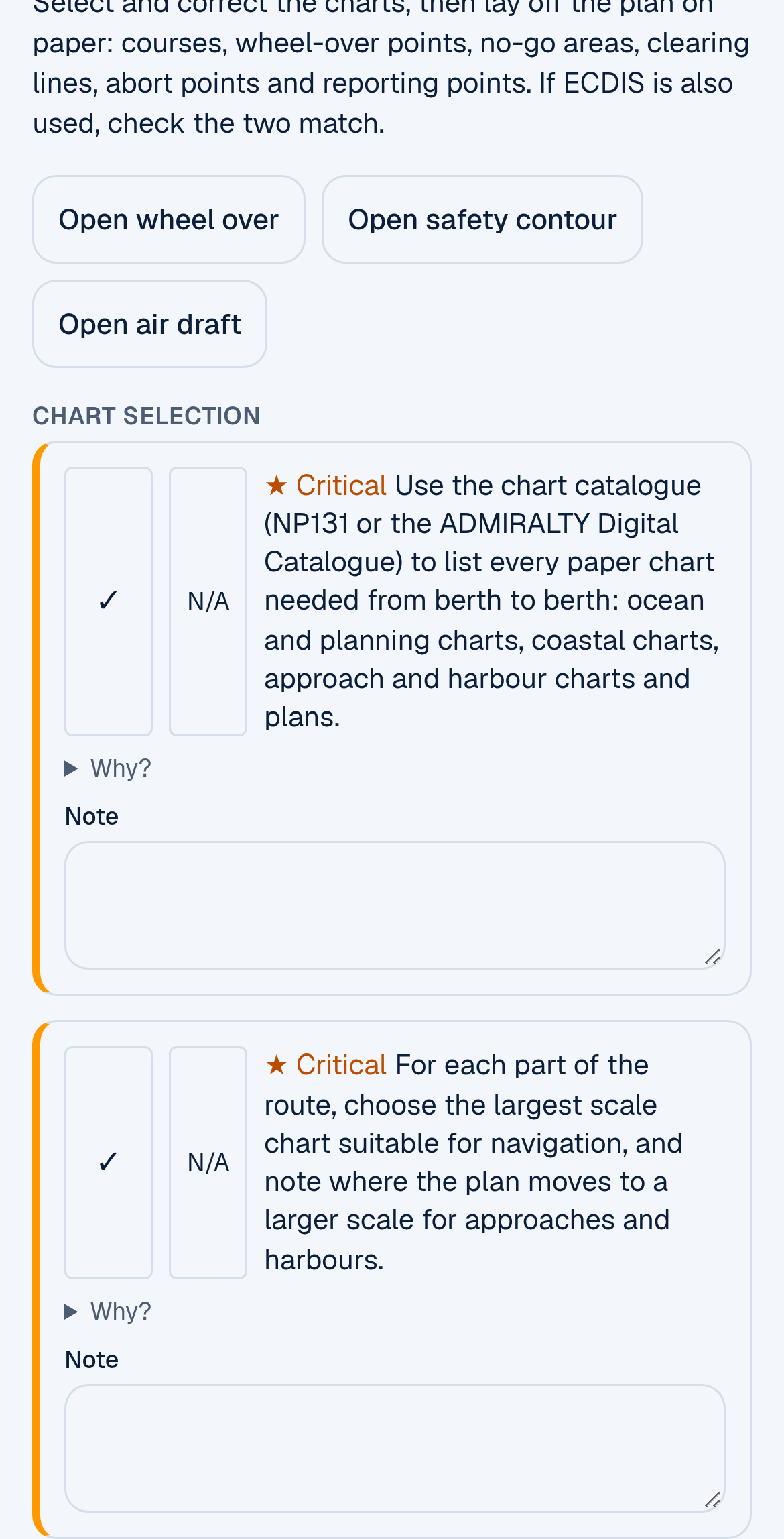 Step P8 Paper chart plan on a phone: the instruction to select and correct the charts and lay off the plan on paper, buttons for the wheel over, safety contour and air draft calculators, and the first critical items under Chart selection about using the chart catalogue (NP131 or the ADMIRALTY Digital Catalogue) and choosing the largest scale chart