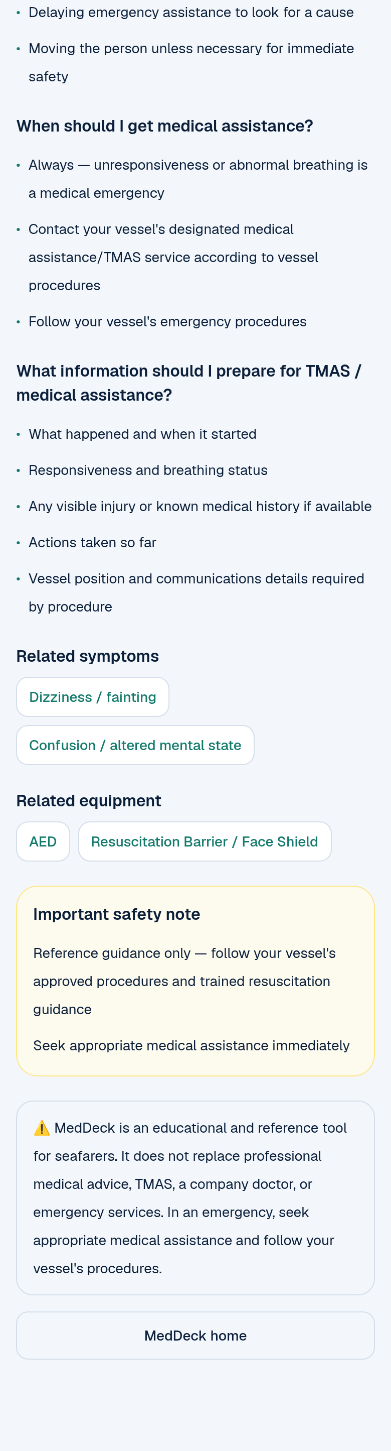 The lower part of MedDeck card EM-001 on a phone: When should I get medical assistance, What information should I prepare for TMAS, related symptoms and equipment, the Important safety note and the disclaimer