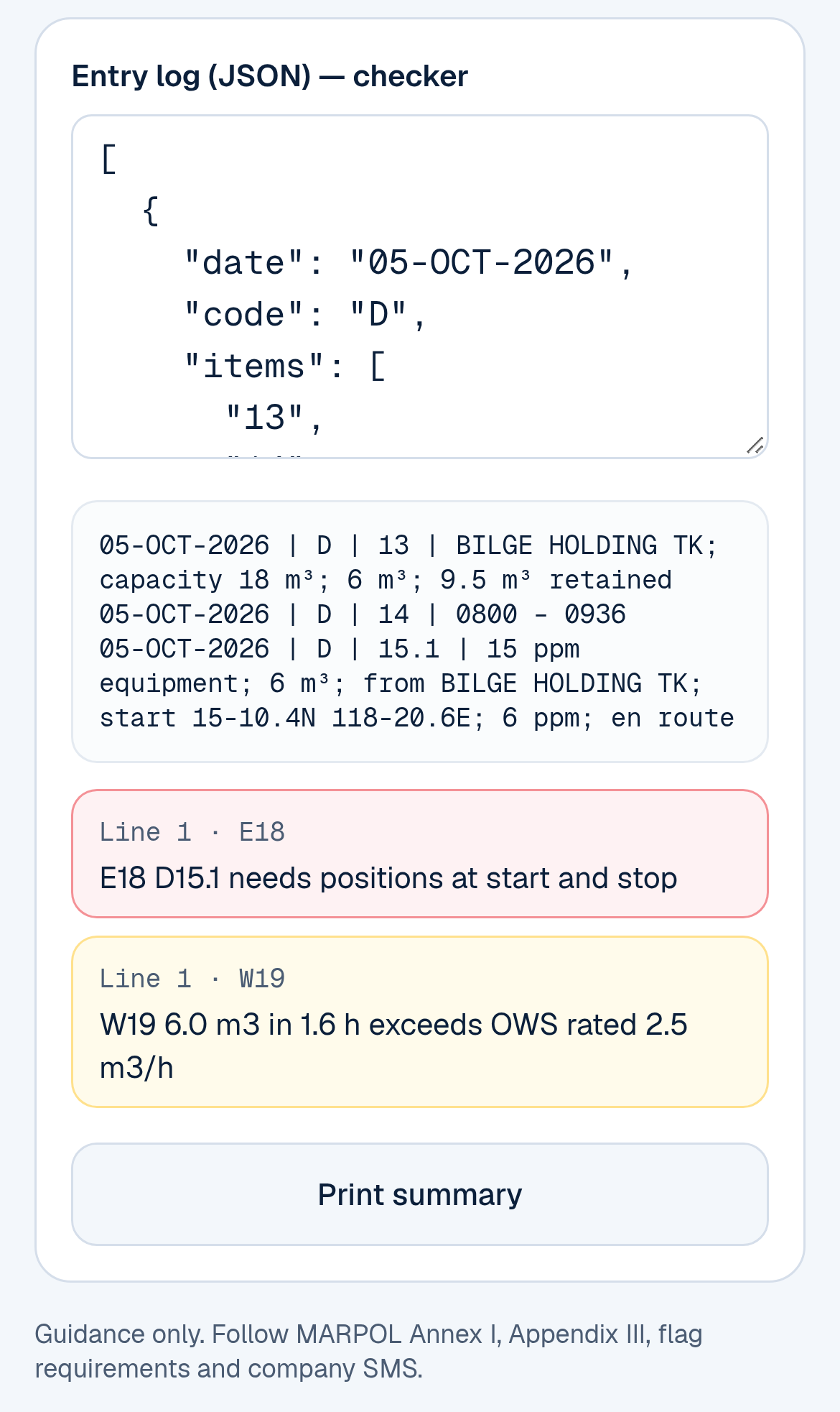 The checker on a phone with a faulty example entry: 6 m³ discharged in 1.6 hours with no stop position. Flags read Line 1 E18, D15.1 needs positions at start and stop, and Line 1 W19, 6.0 m3 in 1.6 h exceeds OWS rated 2.5 m3/h, above the Print summary button and the disclaimer