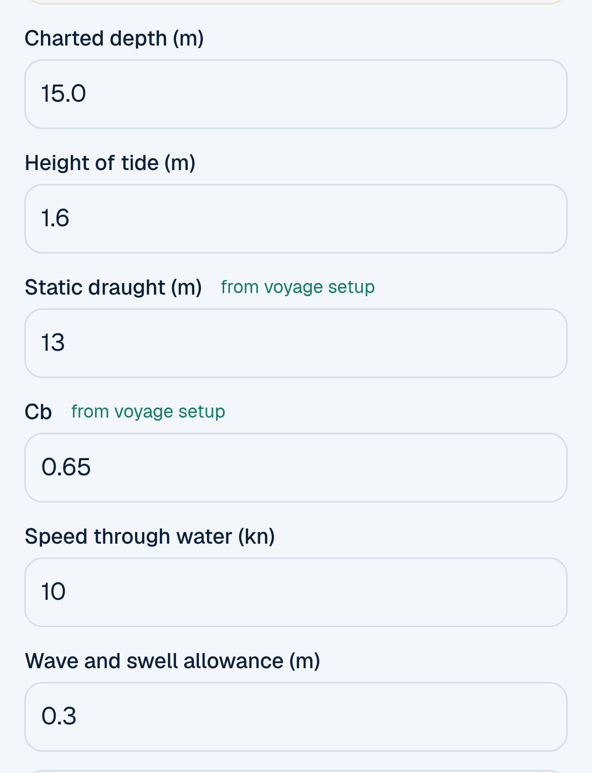 The UKC calculator on a phone with example values: charted depth 15.0, height of tide 1.6, static draught 13 from voyage setup, Cb 0.65 from voyage setup, speed 10 knots, wave and swell allowance 0.3, the formula note for open water and confined channels, CATZOC B and company minimum UKC 1.3 from voyage setup