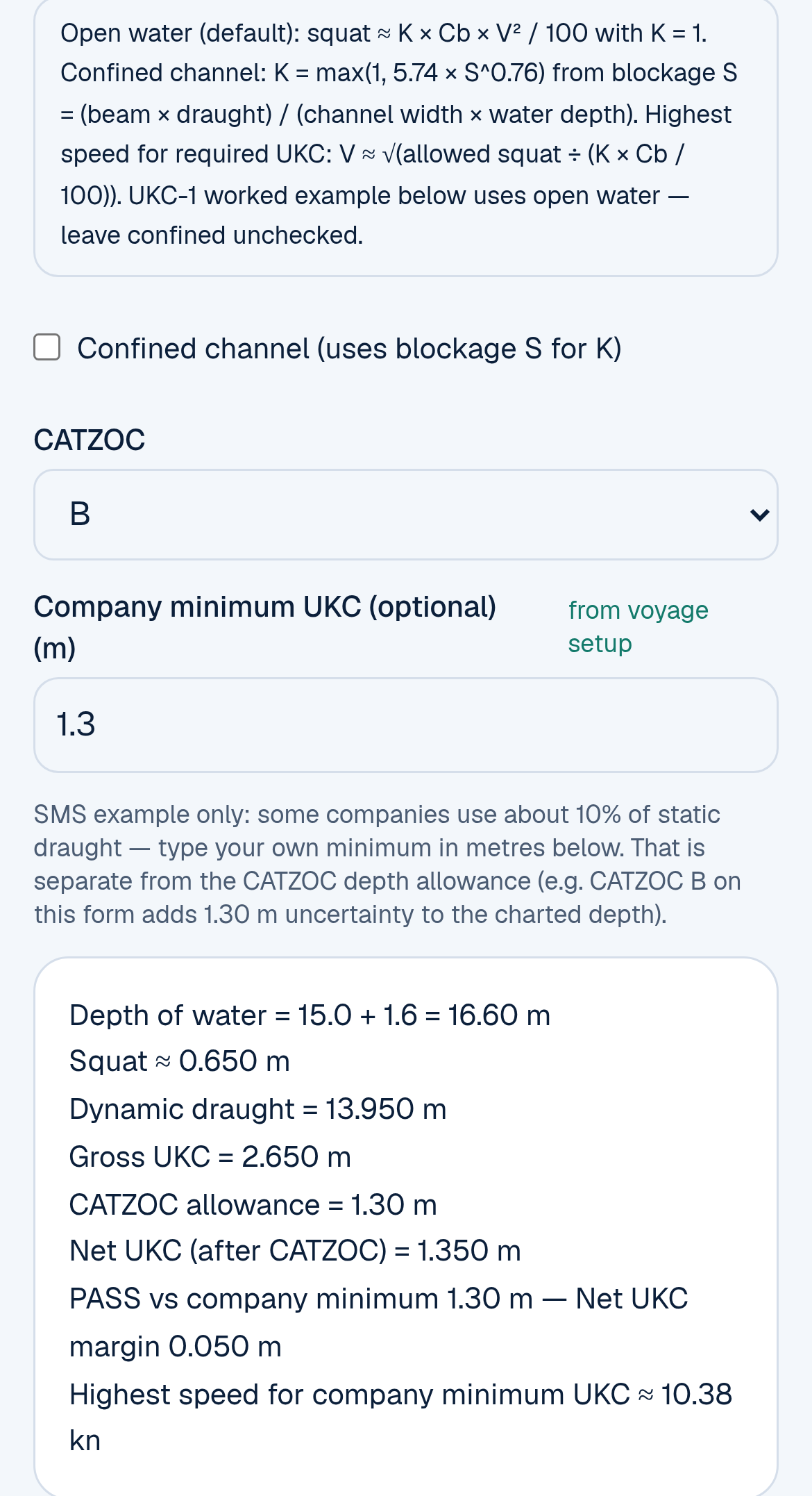 The UKC result on a phone: depth of water 16.60 m, squat 0.650 m, dynamic draught 13.950 m, gross UKC 2.650 m, CATZOC allowance 1.30 m, net UKC 1.350 m, PASS vs company minimum 1.30 m with net UKC margin 0.050 m, and highest speed for company minimum UKC about 10.38 knots