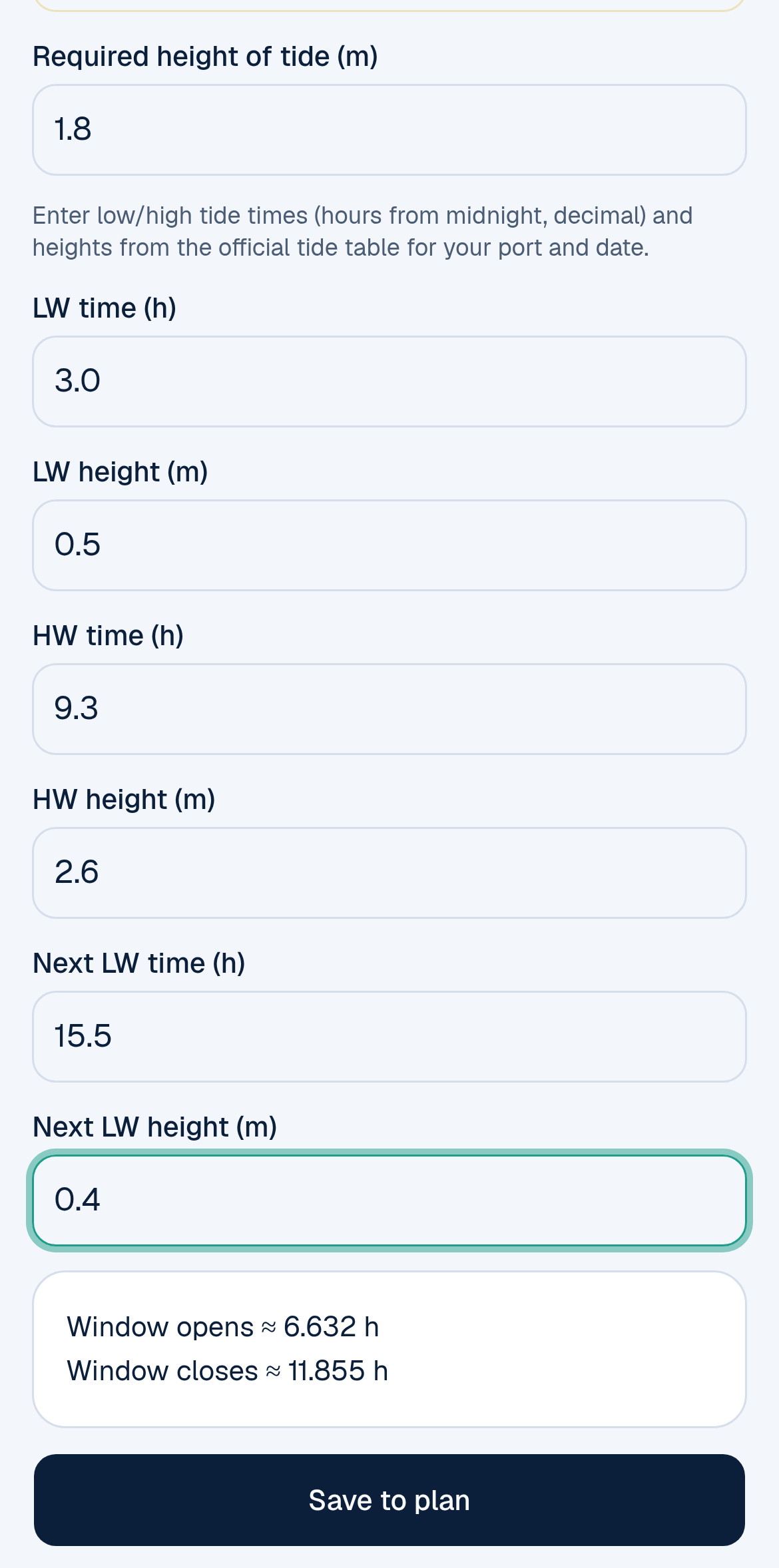 The tidal window calculator on a phone with practice figures: required height of tide 1.8 m, LW time 3.0 and height 0.5, HW time 9.3 and height 2.6, next LW time 15.5 and height 0.4, giving window opens about 6.632 h and window closes about 11.855 h, with the Save to plan button