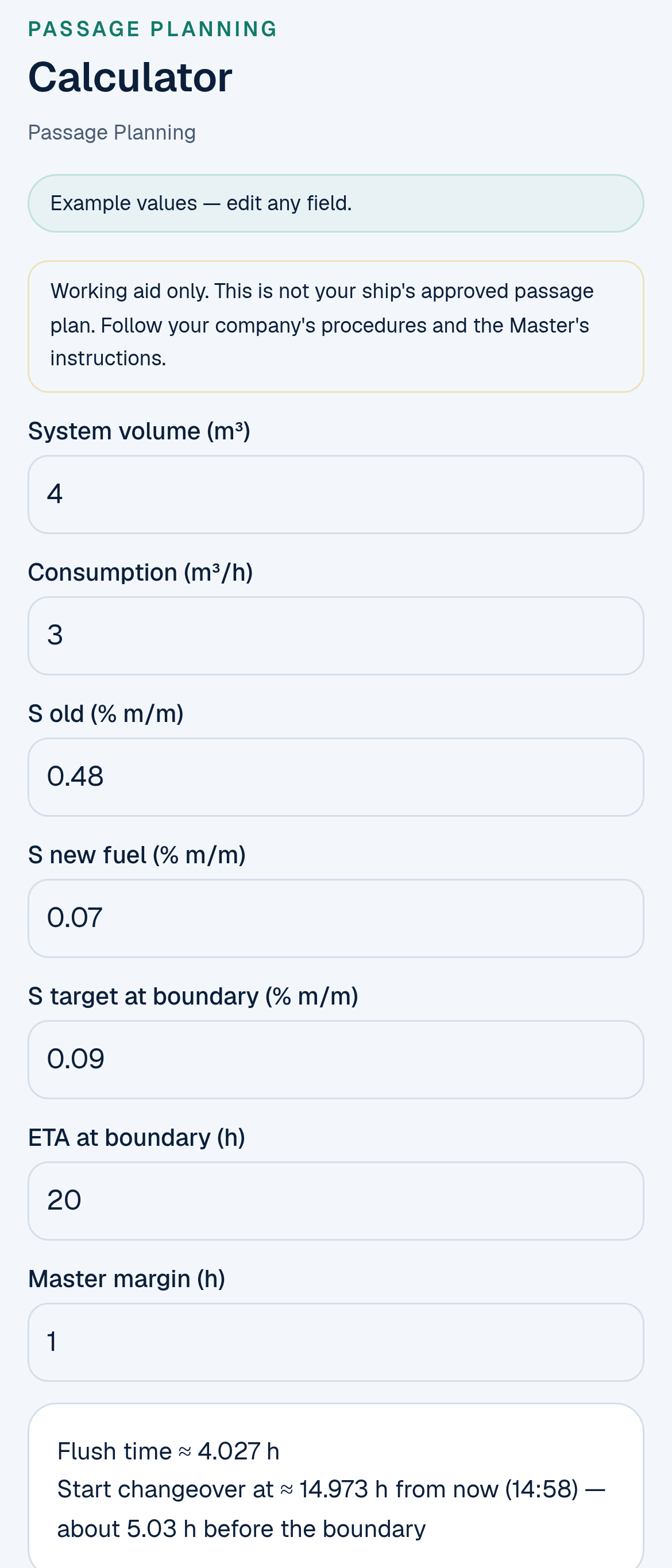 The ECA fuel changeover calculator on a phone with example values: system volume 4 m³, consumption 3 m³/h, sulphur old 0.48, new 0.07 and target 0.09 % m/m, ETA at boundary 20 h and margin 1 h, giving flush time about 4.027 h and start changeover at about 14.973 h from now, about 5.03 h before the boundary