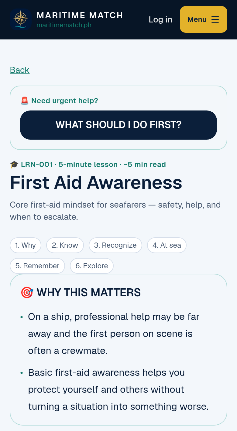 A MedDeck 5-minute lesson on a phone: LRN-001 First Aid Awareness, with jump chips for Why, Know, Recognize, At sea, Remember, Explore and the WHY THIS MATTERS section