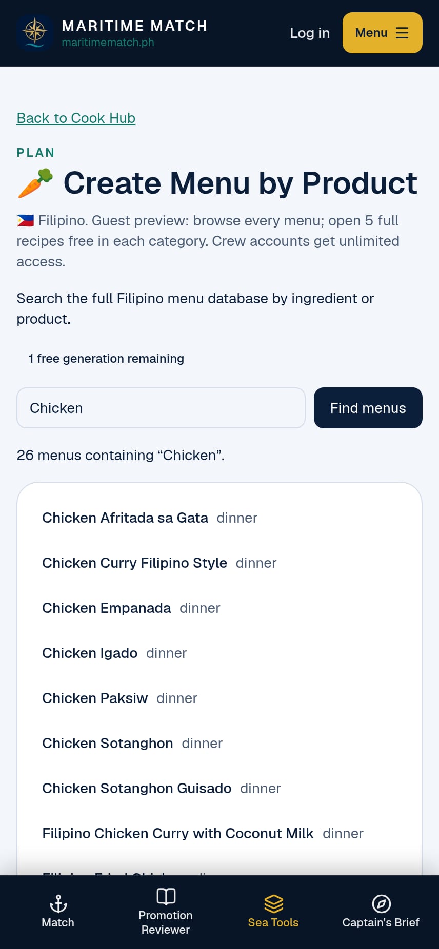 Cook Hub Create Menu by Product on a phone, showing a search for Chicken and a list of matching Filipino dishes