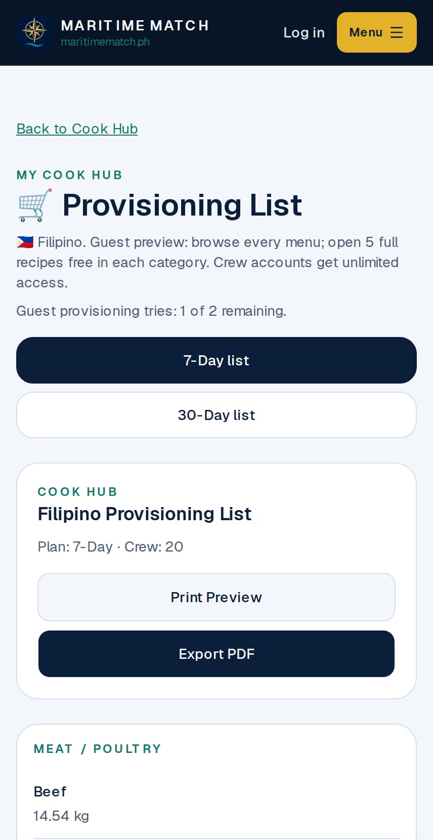 Cook Hub Provisioning List on a phone with the 7-Day list selected, showing Filipino Provisioning List, Plan: 7-Day, Crew: 20, Print Preview and Export PDF buttons, and the start of the Meat / Poultry section