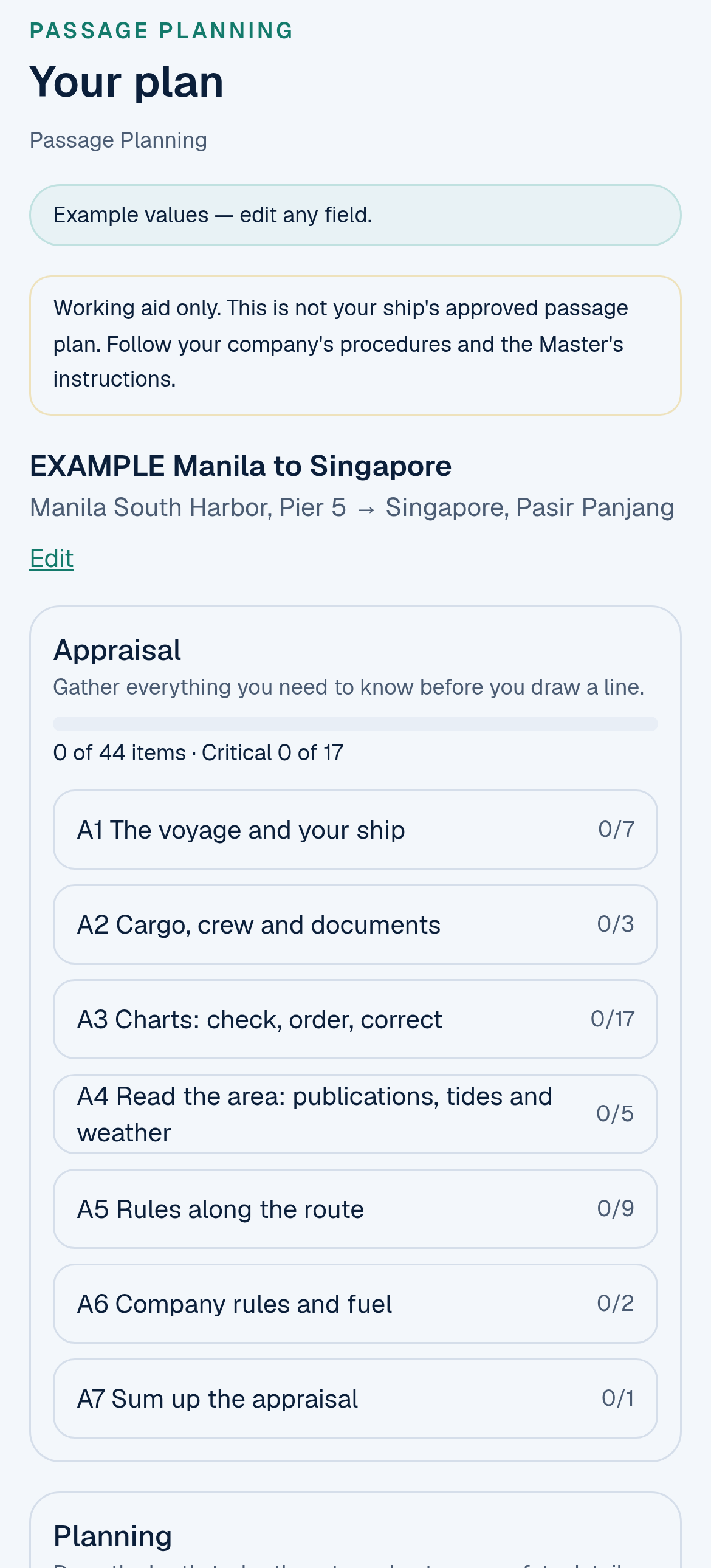 The Maritime Match Passage Planning tool on a phone: the Your plan screen for EXAMPLE Manila to Singapore, Manila South Harbor Pier 5 to Singapore Pasir Panjang, with the Appraisal stage showing 0 of 44 items and Critical 0 of 17, steps A1 to A7 with their item counts, and the start of the Planning stage with steps P1 to P4