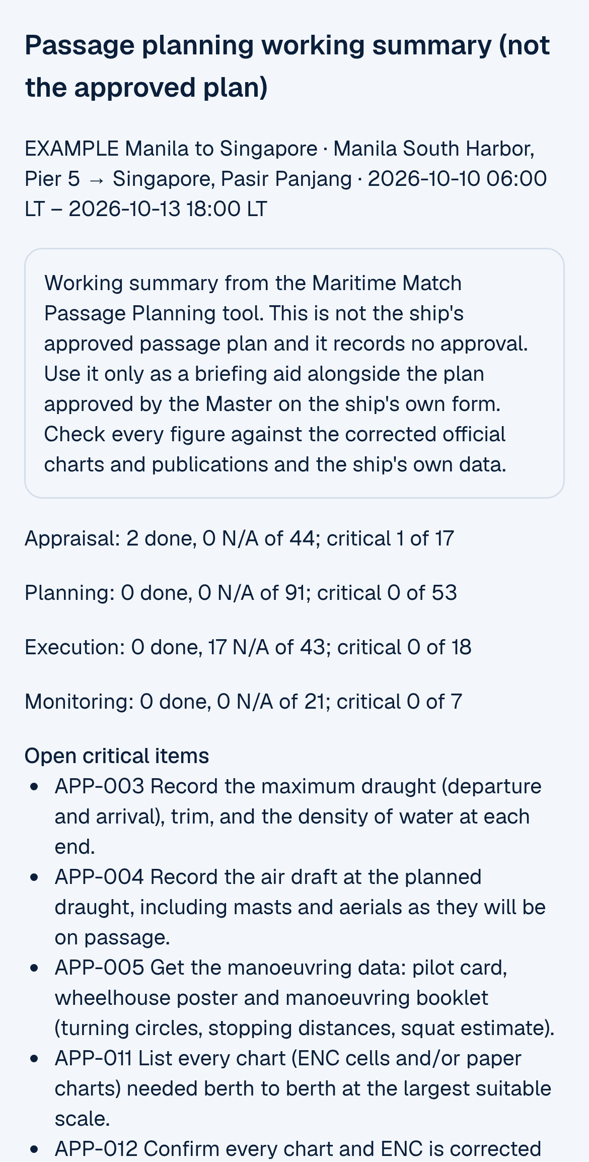 The Briefing summary on a phone: Passage planning working summary (not the approved plan), the EXAMPLE Manila to Singapore plan line, a box saying this is not the ship's approved passage plan and records no approval, progress lines for Appraisal, Planning, Execution and Monitoring, and the list of open critical items such as APP-003 maximum draught, trim and water density