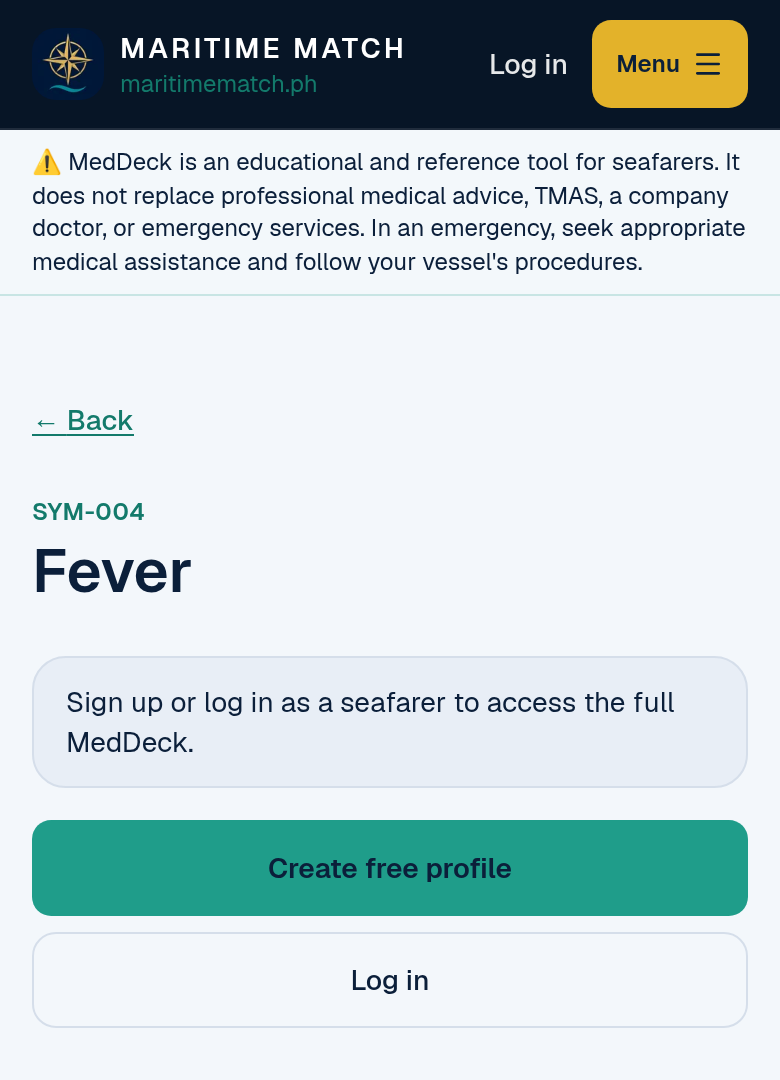 A locked MedDeck item for a guest on a phone: SYM-004 Fever, with Sign up or log in as a seafarer to access the full MedDeck, and Create free profile and Log in buttons