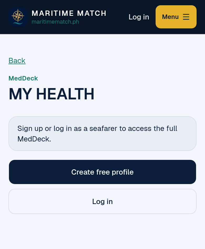 The MedDeck My Health page for a guest on a phone, asking the user to sign up or log in as a seafarer, with Create free profile and Log in buttons