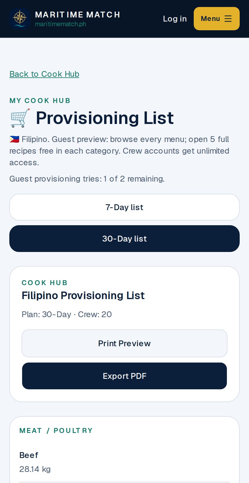 Cook Hub Provisioning List with the 30-Day list selected, showing Plan: 30-Day, Crew: 20 and the Print Preview and Export PDF buttons