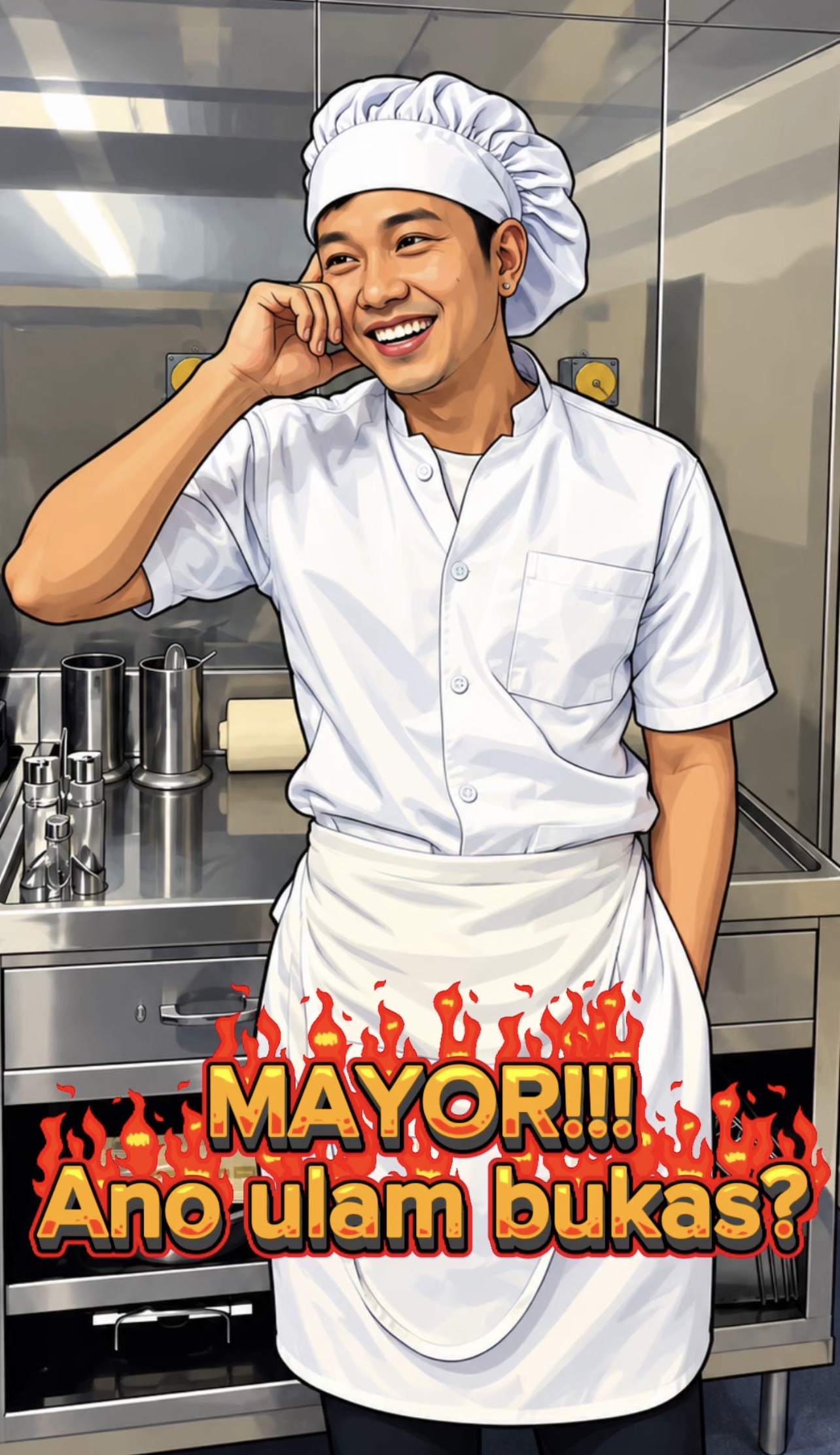 Illustration of a smiling Filipino ship's cook in a white uniform, toque and apron in a stainless-steel ship galley, with fiery text reading "MAYOR!!! Ano ulam bukas?"