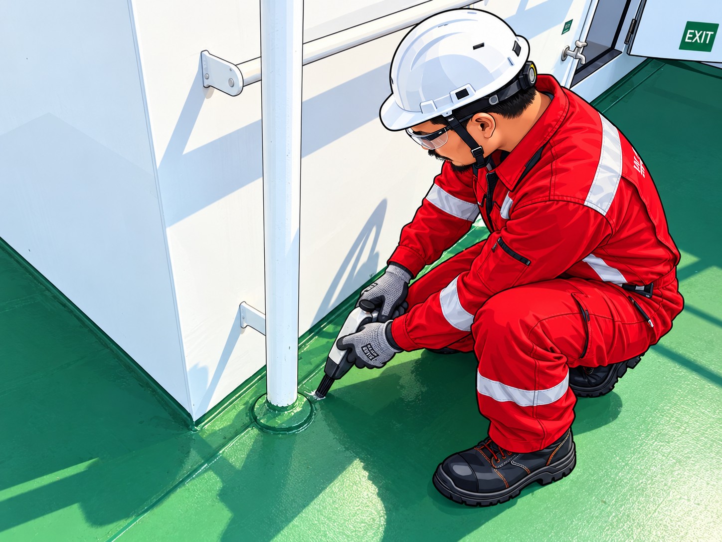 Illustration of a Filipino rating in red coveralls, white hard hat and safety glasses, crouching to paint the base of a railing post on a green steel deck